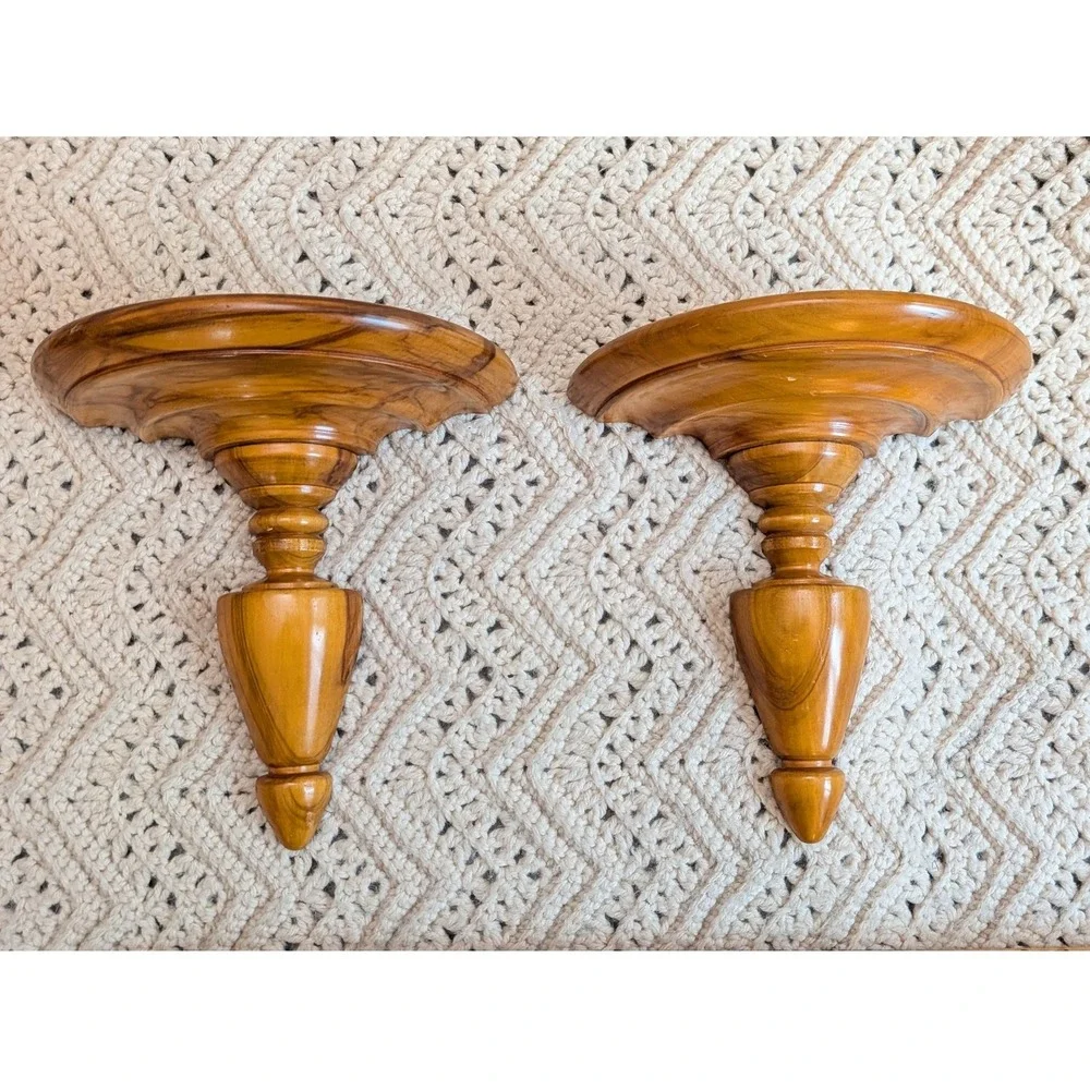 Vintage Wood Wall Corbels Floating Shelves Pair Turned Wood Sconces Mid Century